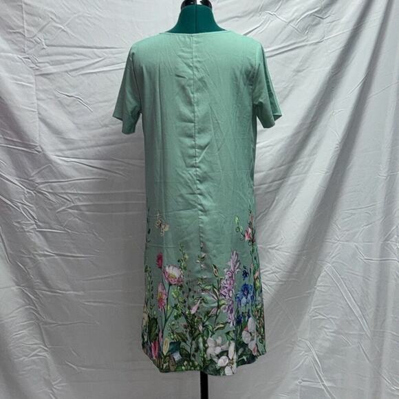 Teal Shift Dress with Floral Pattern Trim | Sz M - Picture 6 of 7